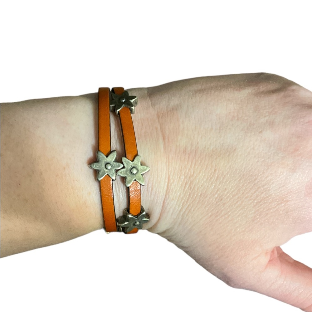 Orange Brown Leather Flower Slide Bracelet